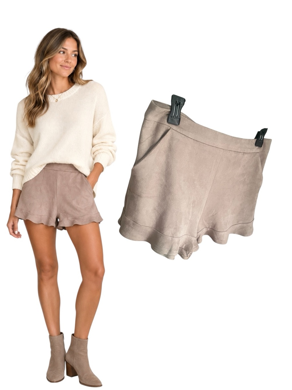 She + Sky Faux Suede Ruffle Hem Shorts Nude Beige Size L